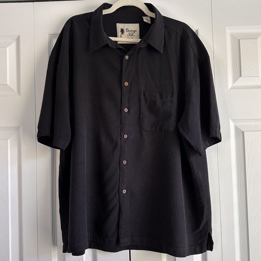 Vintage Silk Hawaiian Shirt Black Palm Jacquard Button Front XXL Short Sleeve